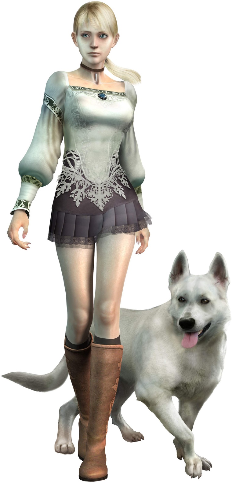 fiona belli, hewie, capcom, demento, highres, official art, 1girl, 3d, blonde hair, blouse, blue eyes, boots, brooch, choker, dog, jewelry, miniskirt, pale skin, ponytail, shirt, skirt