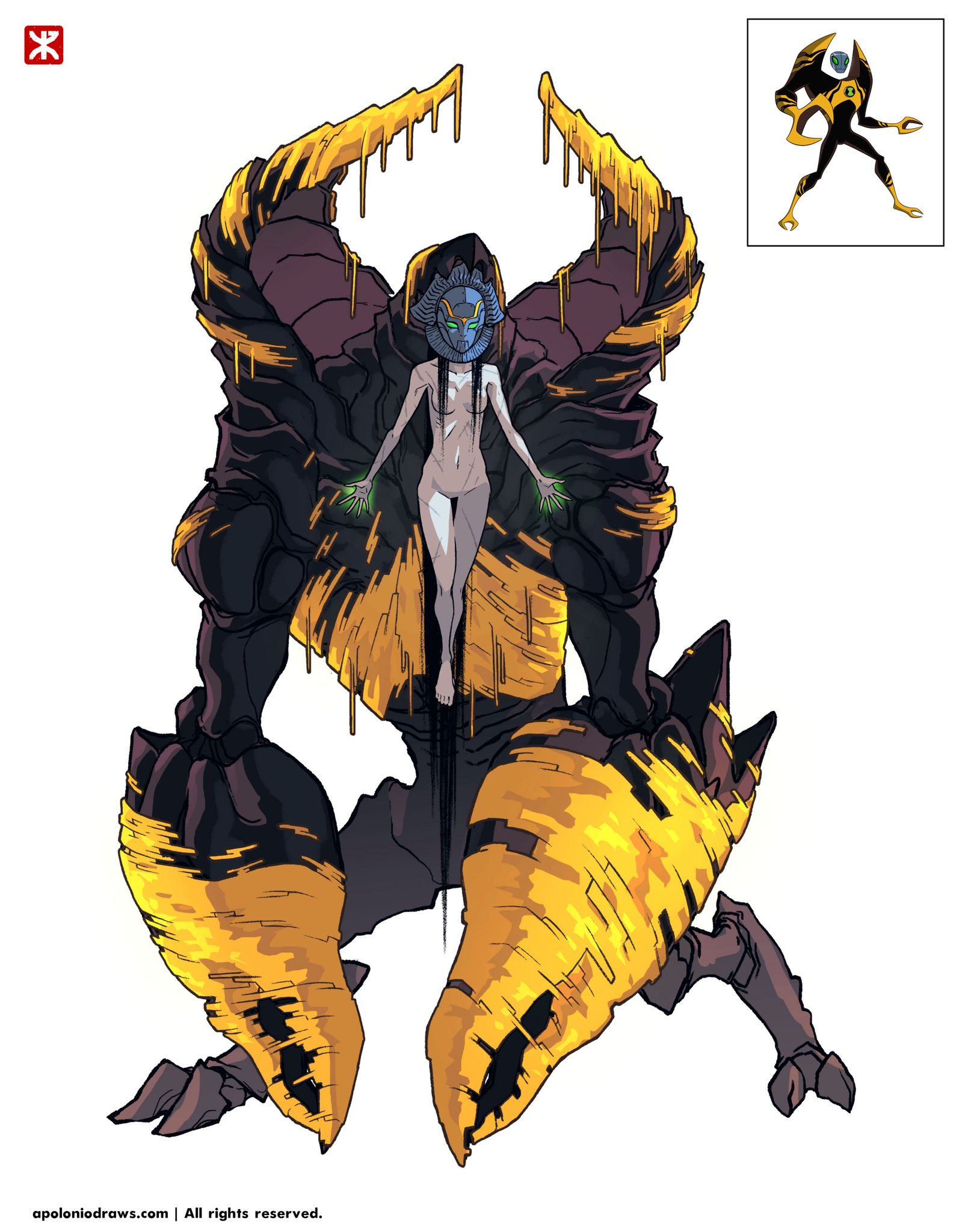 apoloniodraws, ben 10, ben 10: alien force, highres, 1girl, claw (weapon), lodestar (ben 10), long hair, mask, metal mask, multiple scars, nude, omnitrix, scar, signature, telekinesis, very long hair, weapon