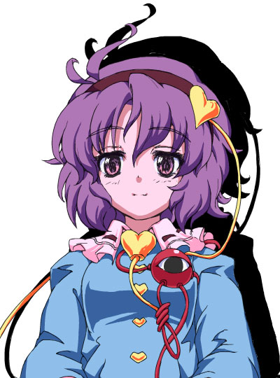heaven-moon, komeiji satori, touhou, 1girl, antenna hair, collar, eyeball, female focus, grey eyes, hairband, heart, looking at viewer, pink hair, purple eyes, purple hair, short hair, silhouette, simple background, solo, third eye, white background