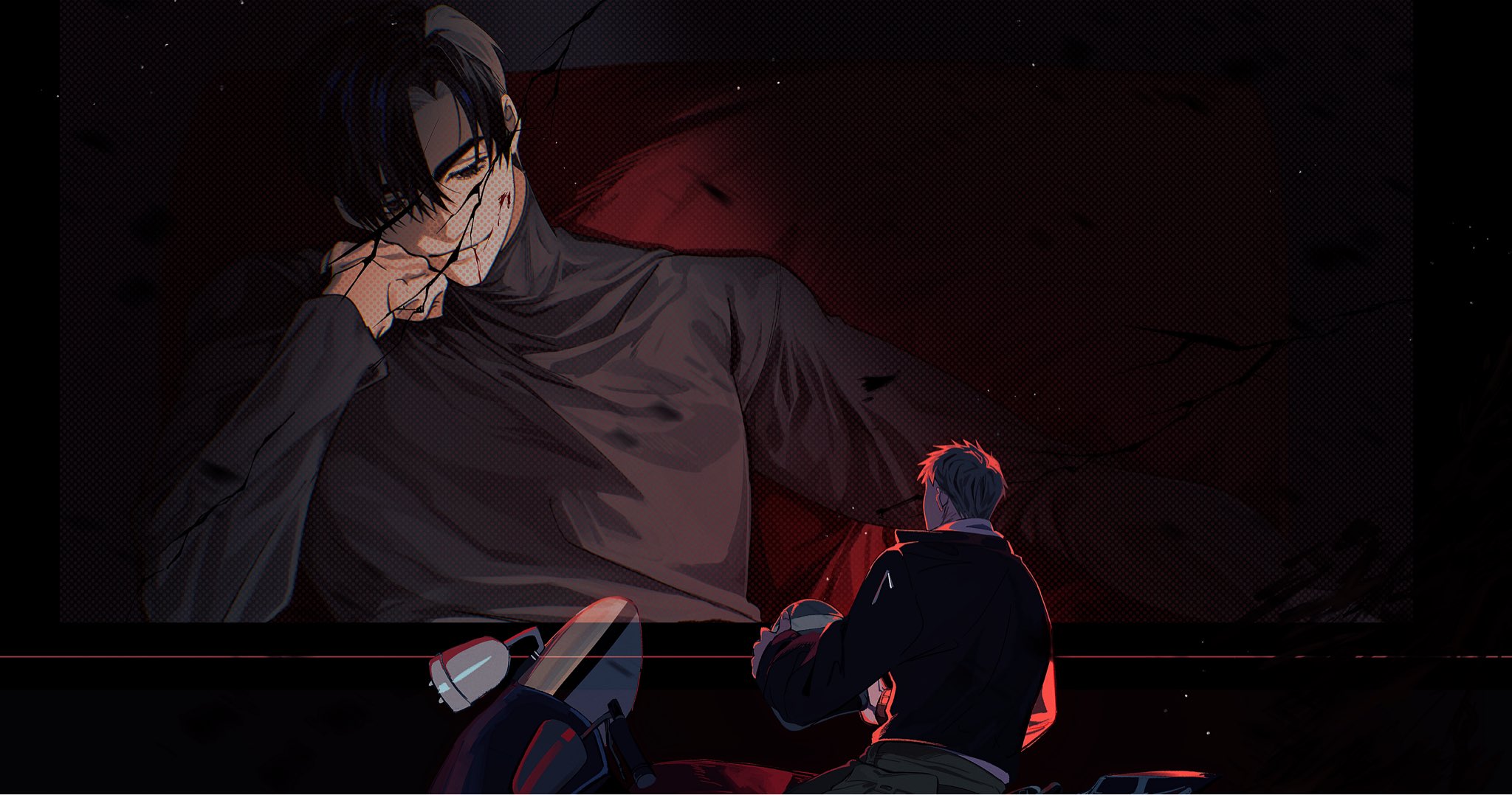 ivan (alien stage), till (alien stage), alien stage, highres, 2boys, black eyes, black hair, black jacket, black shirt, closed mouth, grey hair, head on hand, helmet, holding, holding unworn helmet, jacket, long sleeves, male focus, multiple boys, pater, shirt, smile, turtleneck, turtleneck shirt, unworn headwear, unworn helmet