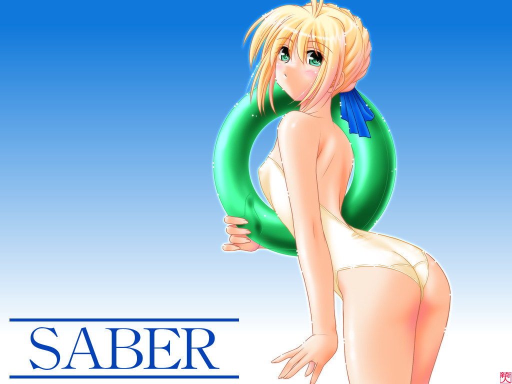 ayato, artoria pendragon (fate), saber (fate), fate/stay night, fate (series), non-web source, 00s, alternate costume, ass, blonde hair, green eyes, innertube, one-piece swimsuit, solo, swim ring, swimsuit