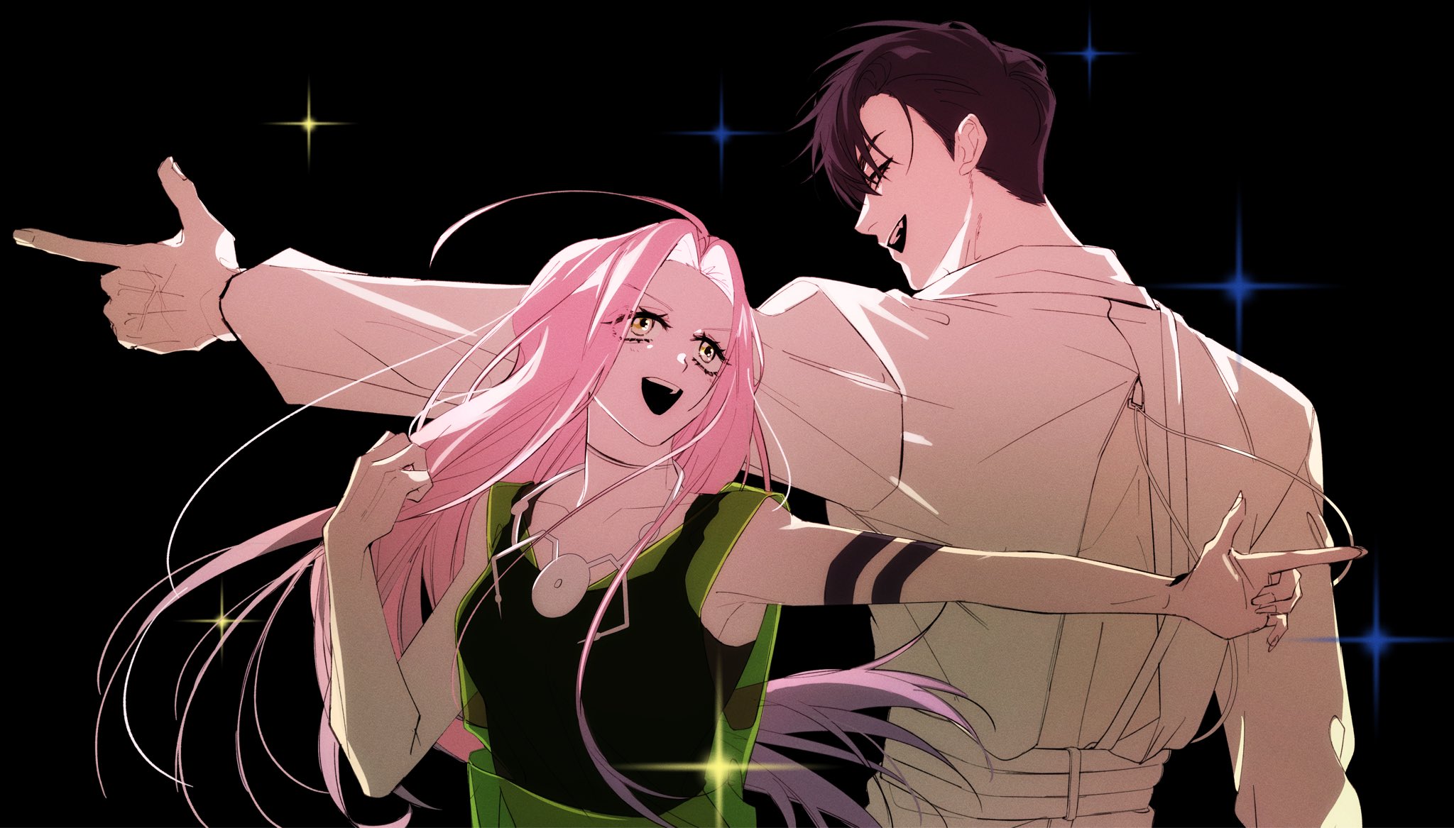 ivan (alien stage), luka (alien stage), mizi (alien stage), till (alien stage), alien stage, highres, 1boy, 1girl, armband, back cutout, black background, black eyes, black hair, black tank top, choker, clothing cutout, cosplay, green tank top, grey choker, jewelry, layered clothes, long hair, long sleeves, luka (alien stage) (cosplay), multicolored hair, necklace, open mouth, outstretched arm, pater, pink hair, pointing, purple hair, red pupils, see-through tank top, shirt, short hair, smile, tank top, till (alien stage) (cosplay), two-tone hair, very long hair, very short hair, white shirt, yellow eyes