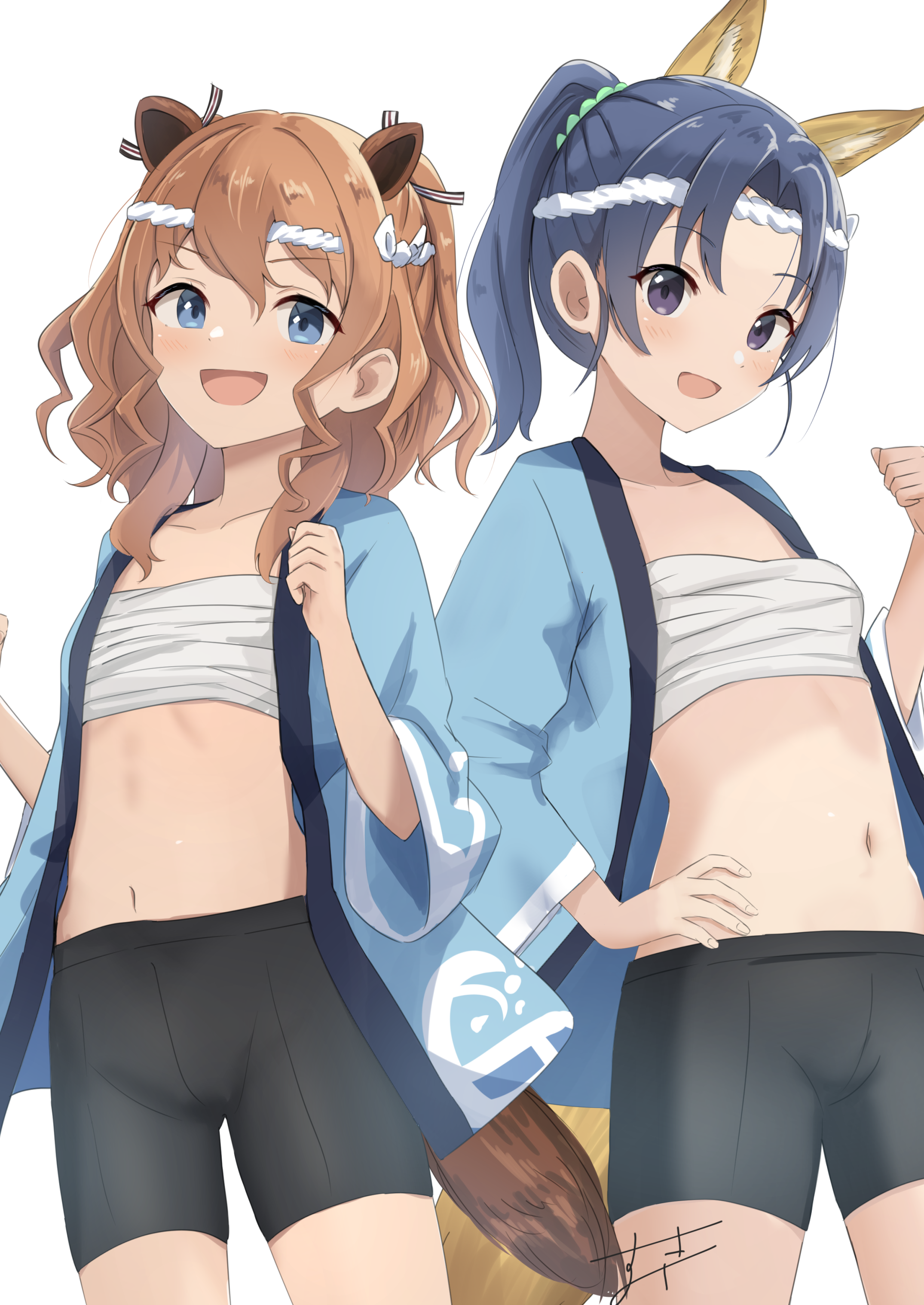sukimizaki, wazumi hime, yanagiwara maron, high school fleet, absurdres, commentary request, highres, animal ears, bike shorts, black eyes, black hair, blue eyes, blue happi, breasts, brown hair, cowboy shot, fake animal ears, fake tail, flat chest, fox ears, fox tail, long hair, medium breasts, navel, sarashi, skeb commentary, small breasts, tail, two side up