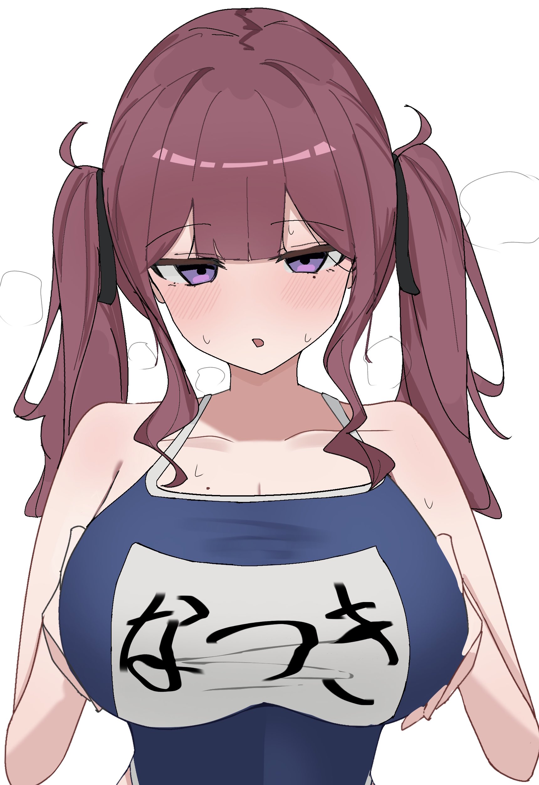 narukami numari, natsuki karin, cevio, synthesizer v, absurdres, highres, 1girl, blue one-piece swimsuit, breasts, brown hair, cleavage, grabbing own breast, hair ribbon, large breasts, looking at viewer, name tag, one-piece swimsuit, open mouth, purple eyes, ribbon, school swimsuit, sidelocks, simple background, solo, swimsuit, twintails, white background