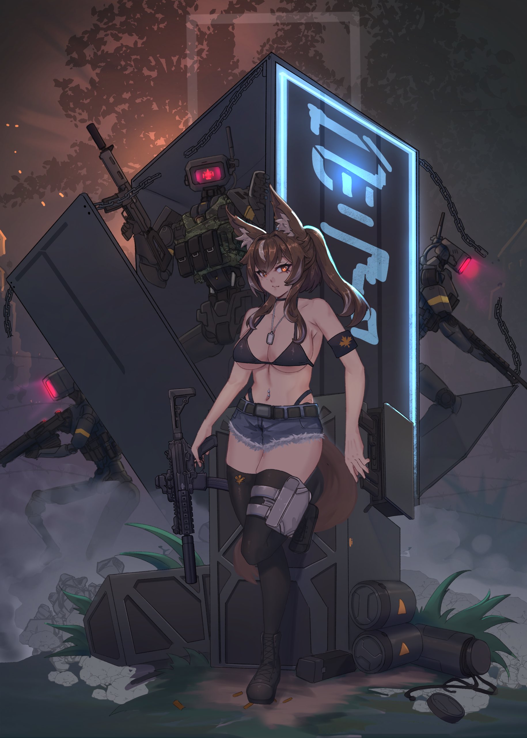 syaha, callisto (greyeth), original, absurdres, commission, highres, second-party source, 1girl, animal ear fluff, animal ears, assault rifle, backlighting, bikini, black bikini, boots, breasts, brown hair, cadpat, chain, combat boots, denim, denim shorts, dog tags, fingerless gloves, fox ears, fox tail, gloves, gun, holding, holding gun, holding weapon, holster, long bangs, looking at viewer, medium breasts, metal plate, midriff, multicolored hair, navel piercing, neon sign, orange eyes, piercing, ponytail, rifle, robot, shell casing, short shorts, shorts, sig mpx, streaked hair, submachine gun, swimsuit, tail, thigh holster, thighhighs, thong, tree, watch, weapon