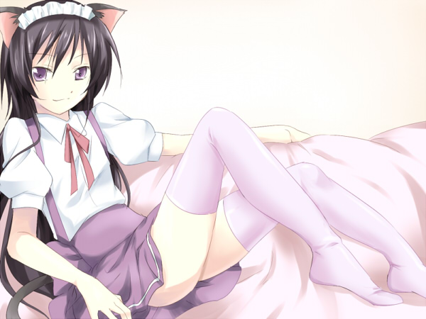 maruki (punchiki), luluko, code geass, bad id, bad pixiv id, 00s, 1girl, animal ears, black hair, female focus, genderswap, genderswap (mtf), maid headdress, purple eyes, ruruko, skirt, solo, tail, thighhighs, waitress