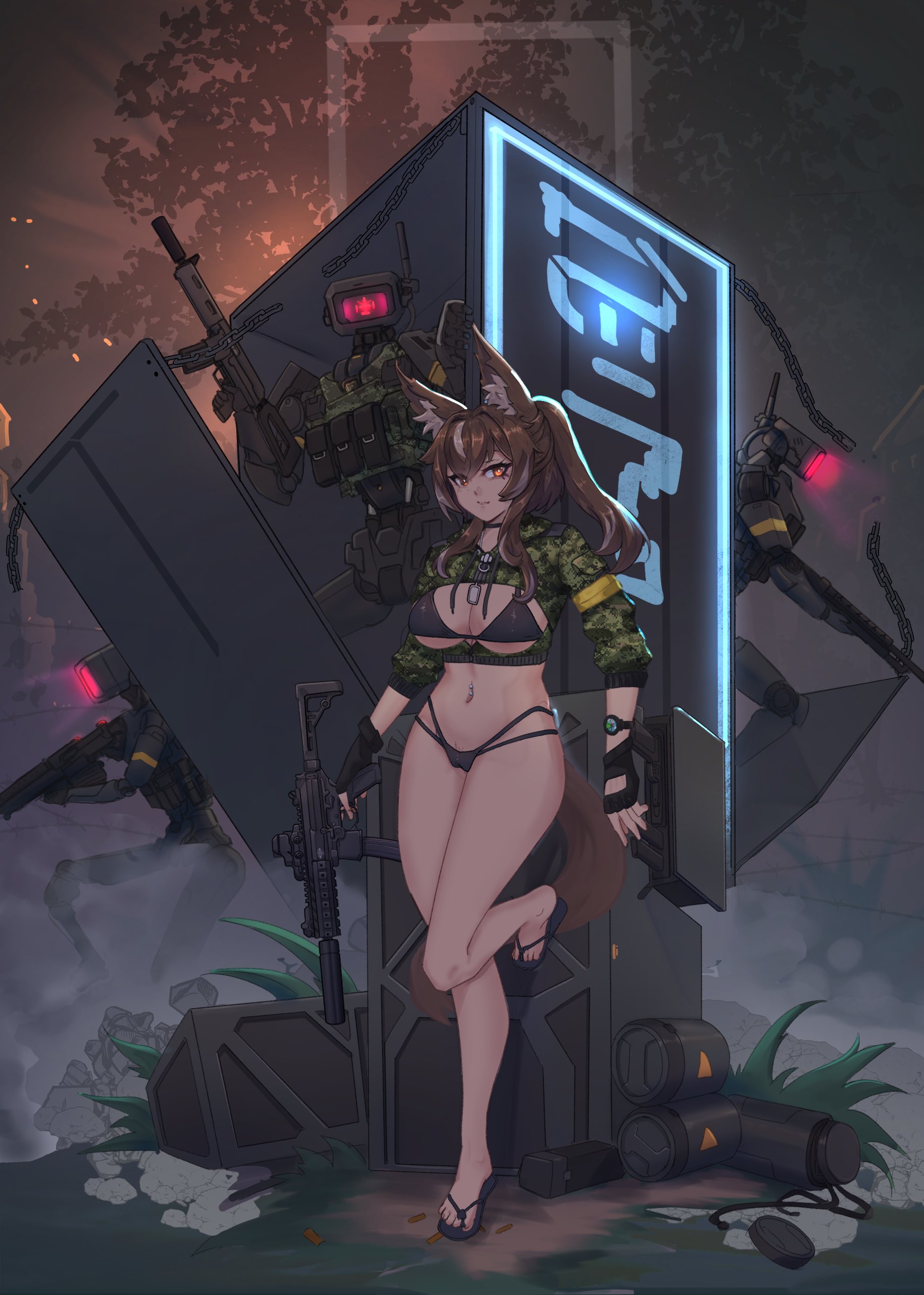 syaha, callisto (greyeth), original, absurdres, commission, highres, second-party source, 1girl, animal ear fluff, animal ears, assault rifle, backlighting, bikini, black bikini, breasts, brown hair, cadpat, cameltoe, chain, cropped jacket, dog tags, female pubic hair, fingerless gloves, fox ears, fox tail, gloves, gun, holding, holding gun, holding weapon, long bangs, looking at viewer, medium breasts, metal plate, midriff, multicolored hair, navel piercing, neon sign, orange eyes, piercing, ponytail, pubic hair, rifle, robot, sandals, shell casing, sig mpx, streaked hair, submachine gun, swimsuit, tail, thong, tree, watch, weapon