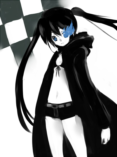 maruki (punchiki), black rock shooter (character), black rock shooter, bad id, bad pixiv id, 10s, 1girl, bikini, bikini top only, blue eyes, female focus, flat chest, long hair, monochrome, pale skin, solo, spot color, swimsuit, twintails