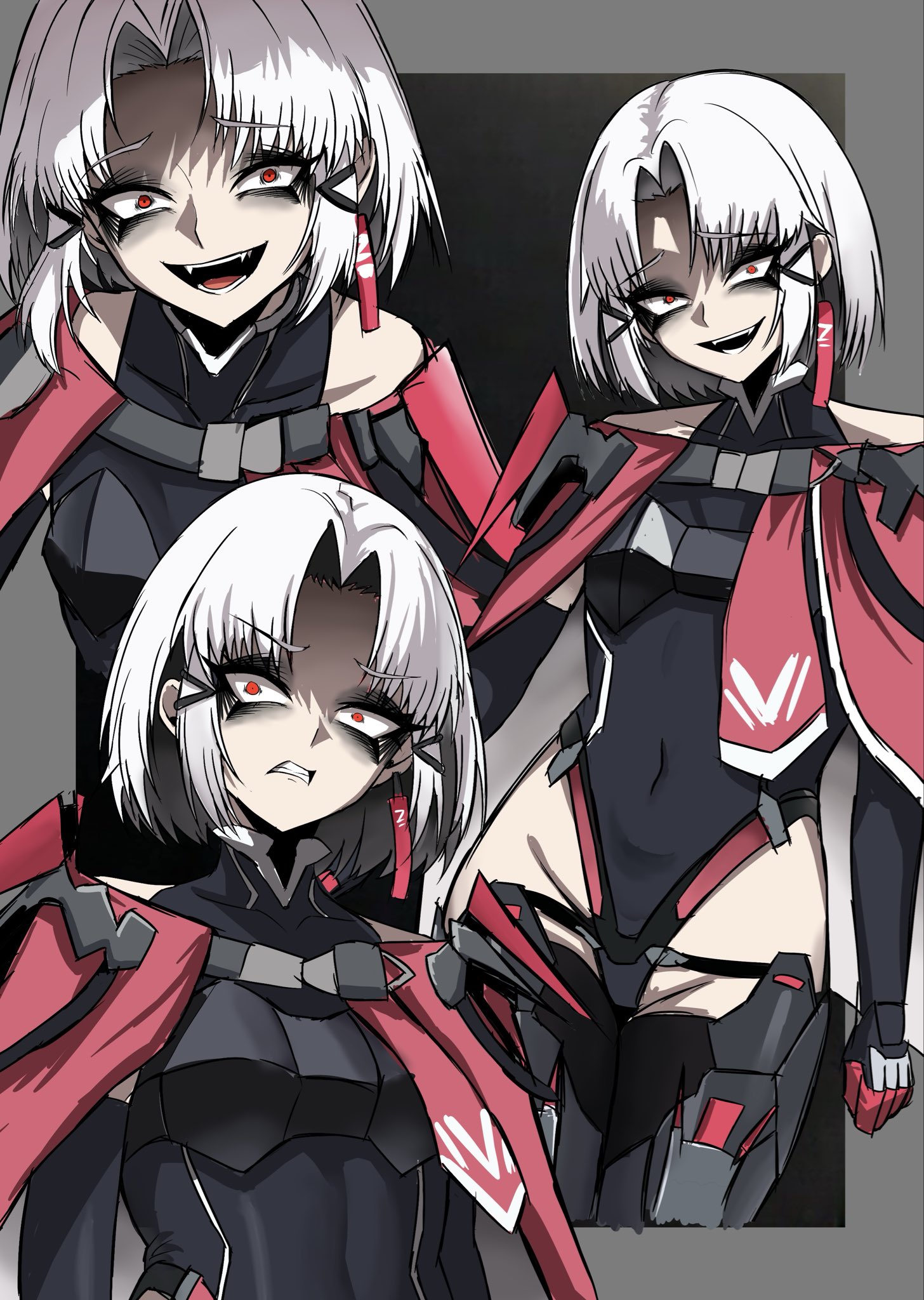 nagainegi, drake (nikke), goddess of victory: nikke, highres, 1girl, bare shoulders, black leotard, breasts, earrings, gloves, hair ornament, jewelry, leotard, looking at viewer, matis (nikke), open mouth, red eyes, short hair, sidelocks, simple background, smile, solo, white hair
