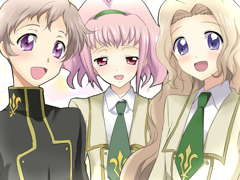 maruki (punchiki), anya alstreim, nunnally vi britannia, rolo lamperouge, code geass, bad id, bad pixiv id, 00s, blush, school uniform, smile