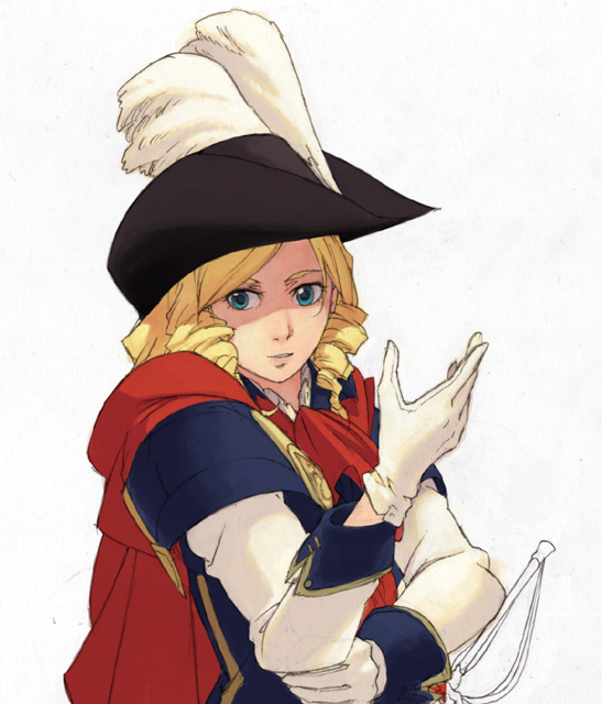 kirio, minami (yuumi kirio), original, 1girl, blonde hair, blue eyes, cape, cavalier hat, drill hair, feathers, female focus, gloves, hat, musketeer, solo