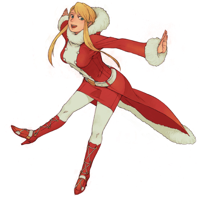 kirio, minami (yuumi kirio), agrias oaks, final fantasy, final fantasy tactics, original, 1girl, belt, blonde hair, blue eyes, boots, christmas, coat, female focus, hood, outstretched arms, pantyhose, santa costume, sidelocks, skirt, solo, spread arms, white pantyhose