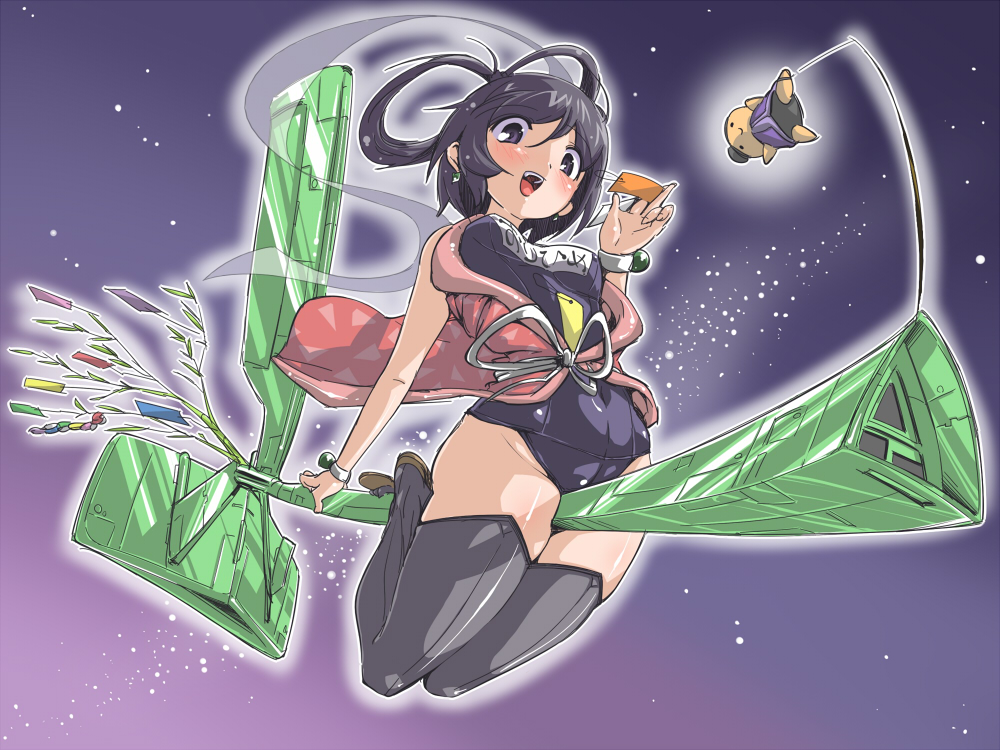 chris (mario), black eyes, black hair, black one-piece swimsuit, blush, object riding, one-piece swimsuit, school swimsuit, solo, swimsuit, swimsuit under clothes, tanabata, thighhighs