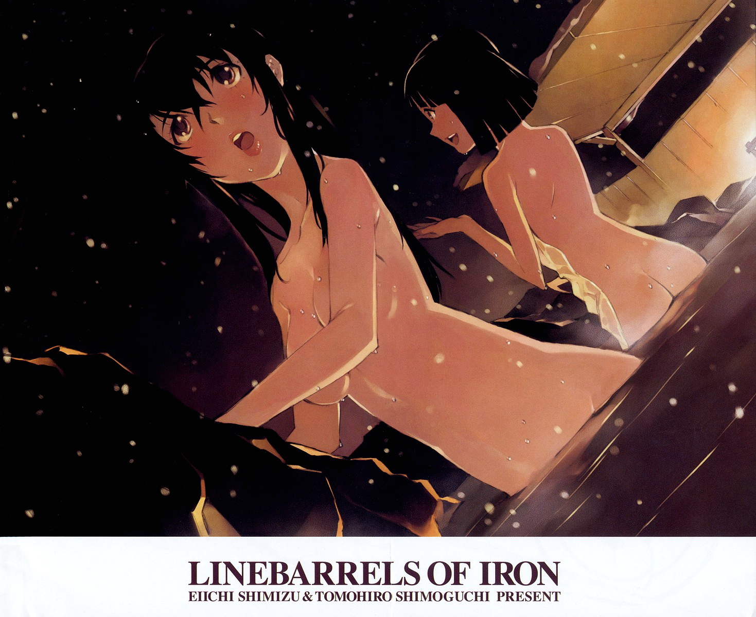 shimizu eiichi, shimoguchi tomohiro, endou shizuna, kizaki emi, kurogane no linebarrel, highres, official art, official wallpaper, 00s, 2girls, ass, back, bath, black hair, blush, bob cut, breasts, long hair, multiple girls, night, nude, onsen, open mouth, short hair, snow, towel, wet, winter