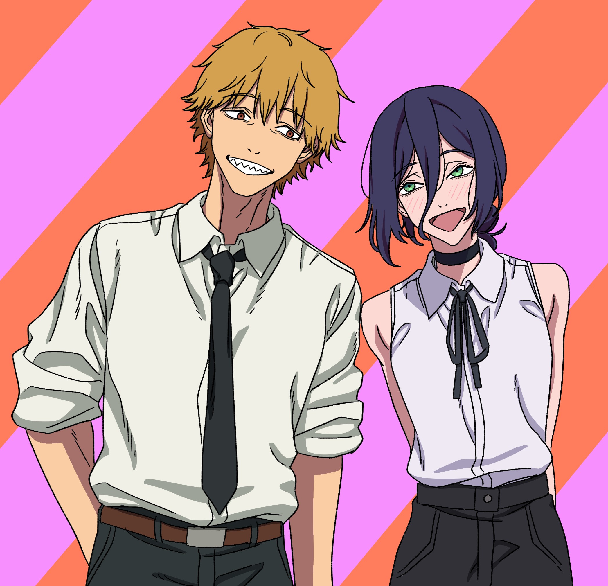 denji (chainsaw man), reze (chainsaw man), chainsaw man, highres, 1boy, 1girl, amai (frfs5423), black choker, black hair, black necktie, blonde hair, blush, choker, collared shirt, diagonal-striped background, green eyes, necktie, open mouth, orange eyes, pants, sharp teeth, shirt, short hair, sleeveless, sleeveless shirt, smile, striped background, teeth, white shirt