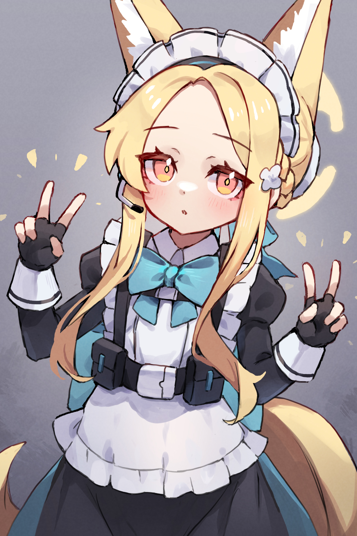 miya (miyaruta), seia (blue archive), toki (blue archive), blue archive, commentary, english commentary, highres, 1girl, alternate costume, animal ears, apron, black gloves, blonde hair, blue bow, blue bowtie, bow, bowtie, cosplay, double v, fingerless gloves, fox ears, gloves, halo, long sleeves, looking at viewer, maid, maid apron, maid headdress, solo, toki (blue archive) (cosplay), v, white apron, yellow halo