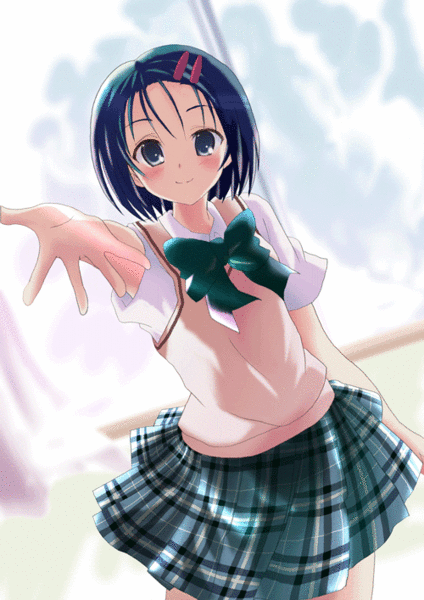 sairenji haruna, to love-ru, non-web source, 00s, 1girl, blue eyes, blue hair, female focus, matching hair/eyes, plaid clothes, plaid skirt, school uniform, short hair, skirt, solo