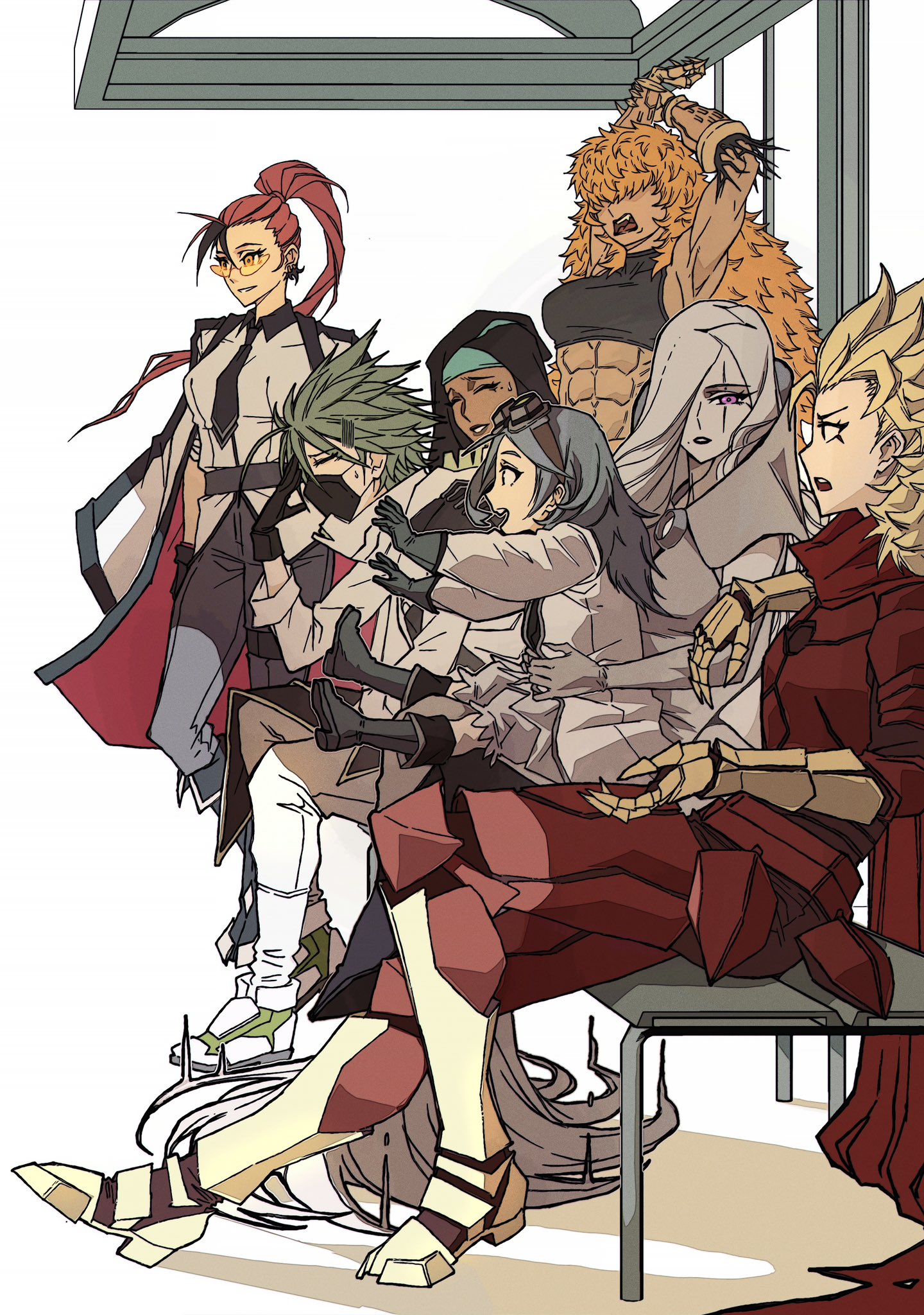 apoloniodraws, four arms (ben 10), ghostfreak, grey matter (ben 10), heatblast, ripjaws, wildmutt, xlr8, ben 10, highres, dark-skinned female, dark skin, genderswap, genderswap (mtf), long hair, mask, mouth mask, multiple girls, muscular, muscular female, omnitrix, short hair, sitting, talking