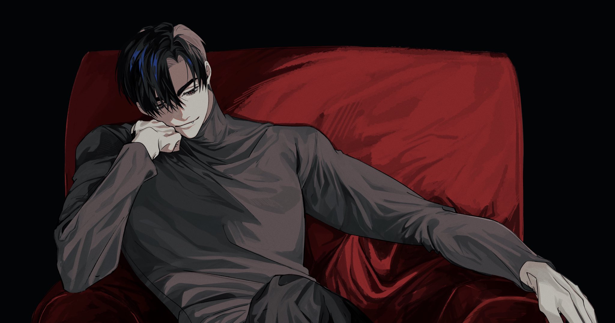 ivan (alien stage), alien stage, highres, 1boy, black eyes, black hair, black shirt, closed mouth, fang, fang out, head on hand, long sleeves, male focus, pater, shirt, sitting, smile, solo, turtleneck, turtleneck shirt