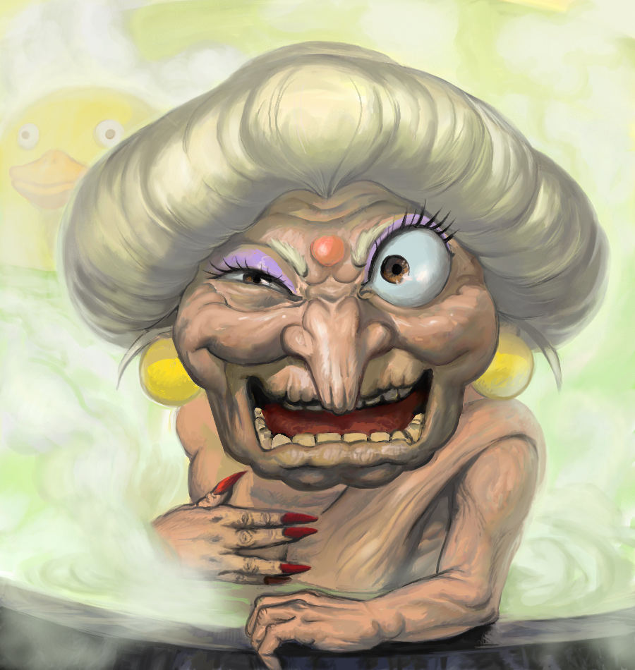 toron, yubaba, sen to chihiro no kamikakushi, studio ghibli, bad id, bad pixiv id, 00s, bathing, creepy, eyeshadow, grey hair, makeup, nail polish, old, old woman, onsen, rubber duck, solo, steam, water