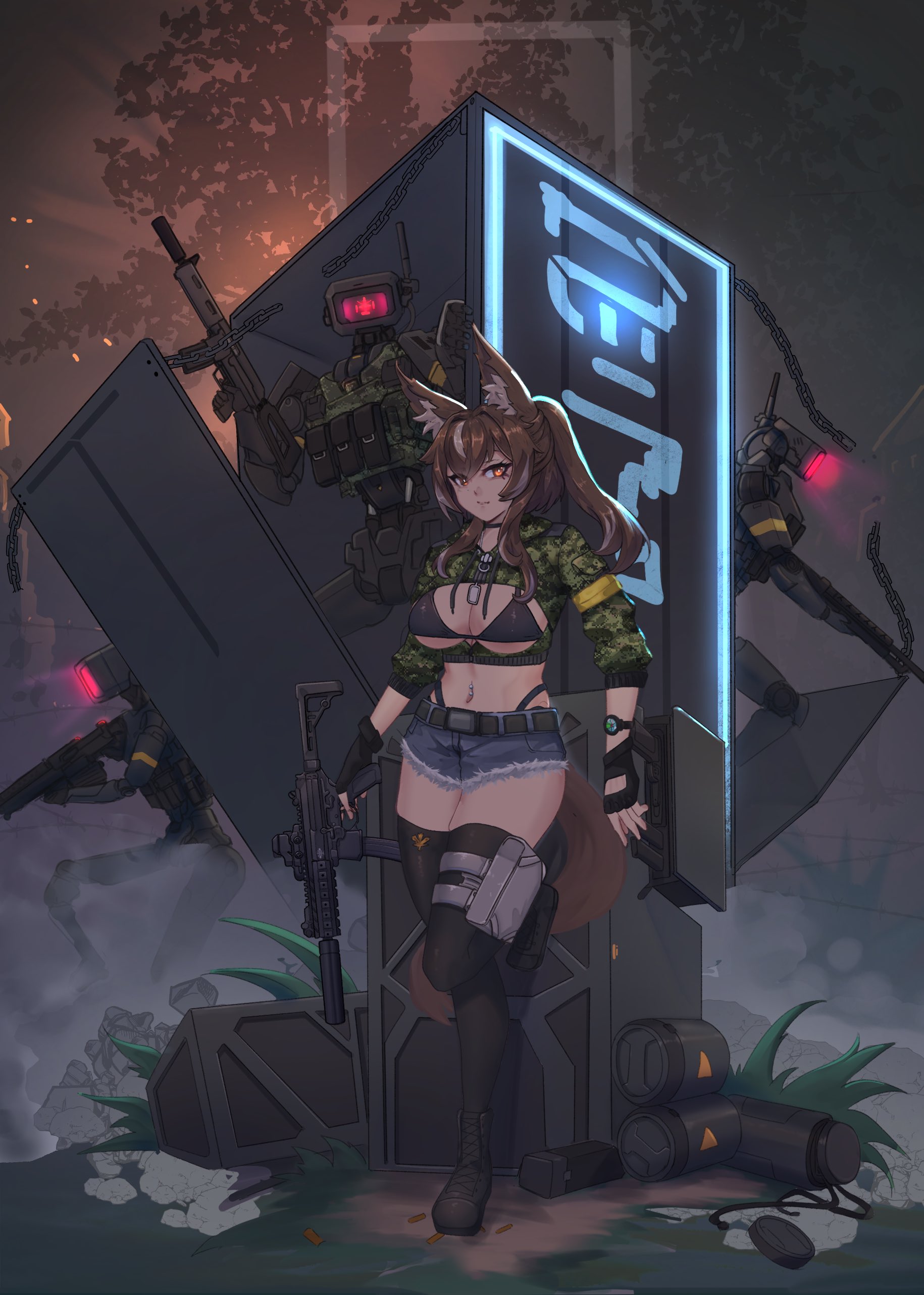 syaha, callisto (greyeth), original, absurdres, commission, highres, second-party source, 1girl, animal ear fluff, animal ears, assault rifle, backlighting, bikini, black bikini, boots, breasts, brown hair, cadpat, chain, combat boots, cropped jacket, denim, denim shorts, dog tags, fingerless gloves, fox ears, fox tail, gloves, gun, holding, holding gun, holding weapon, holster, long bangs, looking at viewer, medium breasts, metal plate, midriff, multicolored hair, navel piercing, neon sign, orange eyes, piercing, ponytail, rifle, robot, shell casing, short shorts, shorts, sig mpx, streaked hair, submachine gun, swimsuit, tail, thigh holster, thighhighs, thong, tree, watch, weapon
