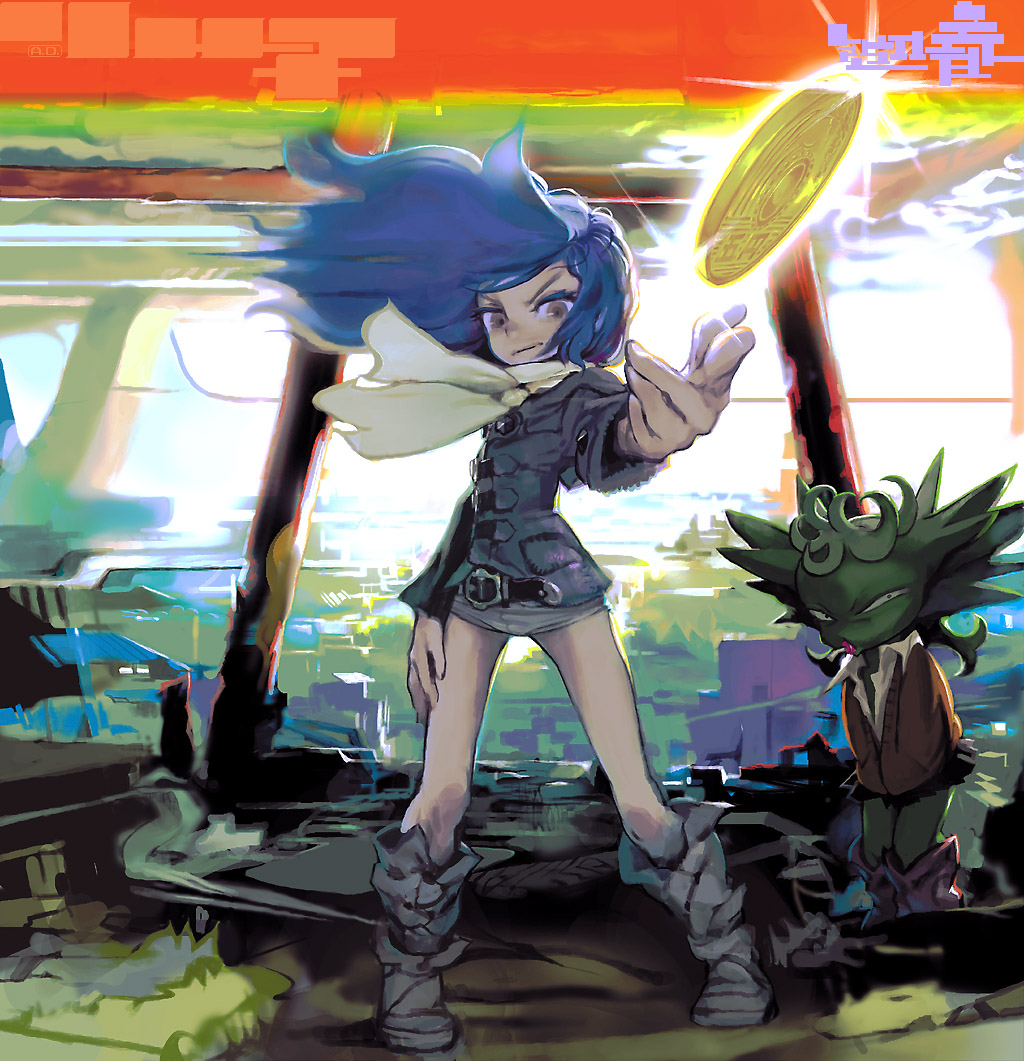 kawaguchi youhei, green illegal, original, making-of available, 1girl, belt, blue hair, cigarette, coin, female focus, grey eyes, scarf, smoking, solo