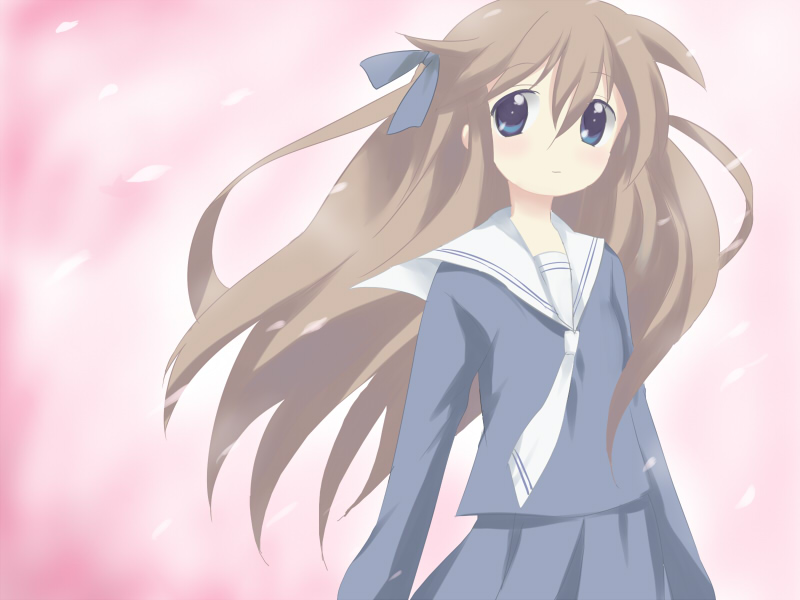 maruki (punchiki), honda tooru, fruits basket, bad id, bad pixiv id, 1girl, blue eyes, brown hair, female focus, hair ribbon, long hair, ribbon, school uniform, serafuku, solo, wind