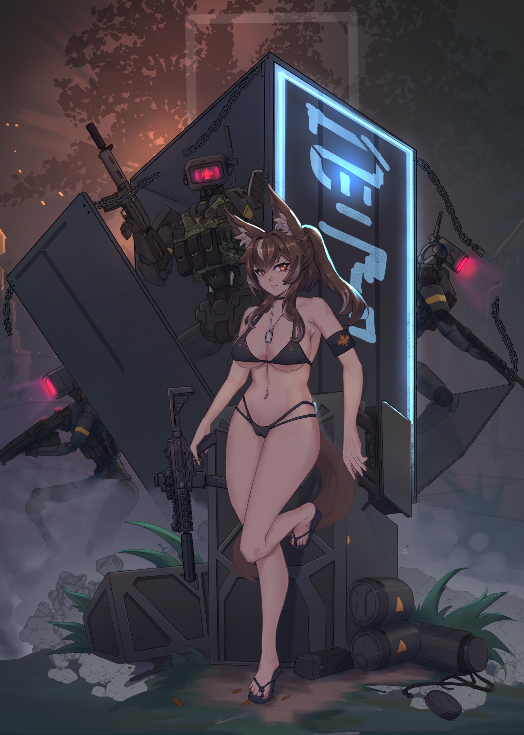 syaha, callisto (greyeth), original, absurdres, commission, highres, second-party source, 1girl, animal ear fluff, animal ears, armband, assault rifle, backlighting, bikini, black bikini, breasts, brown hair, cadpat, cameltoe, chain, dog tags, female pubic hair, fox ears, fox tail, gun, holding, holding gun, holding weapon, long bangs, looking at viewer, medium breasts, metal plate, midriff, multicolored hair, navel piercing, neon sign, orange eyes, piercing, ponytail, pubic hair, pubic hair peek, rifle, robot, sandals, shell casing, sig mpx, streaked hair, submachine gun, swimsuit, tail, thong, tree, watch, weapon