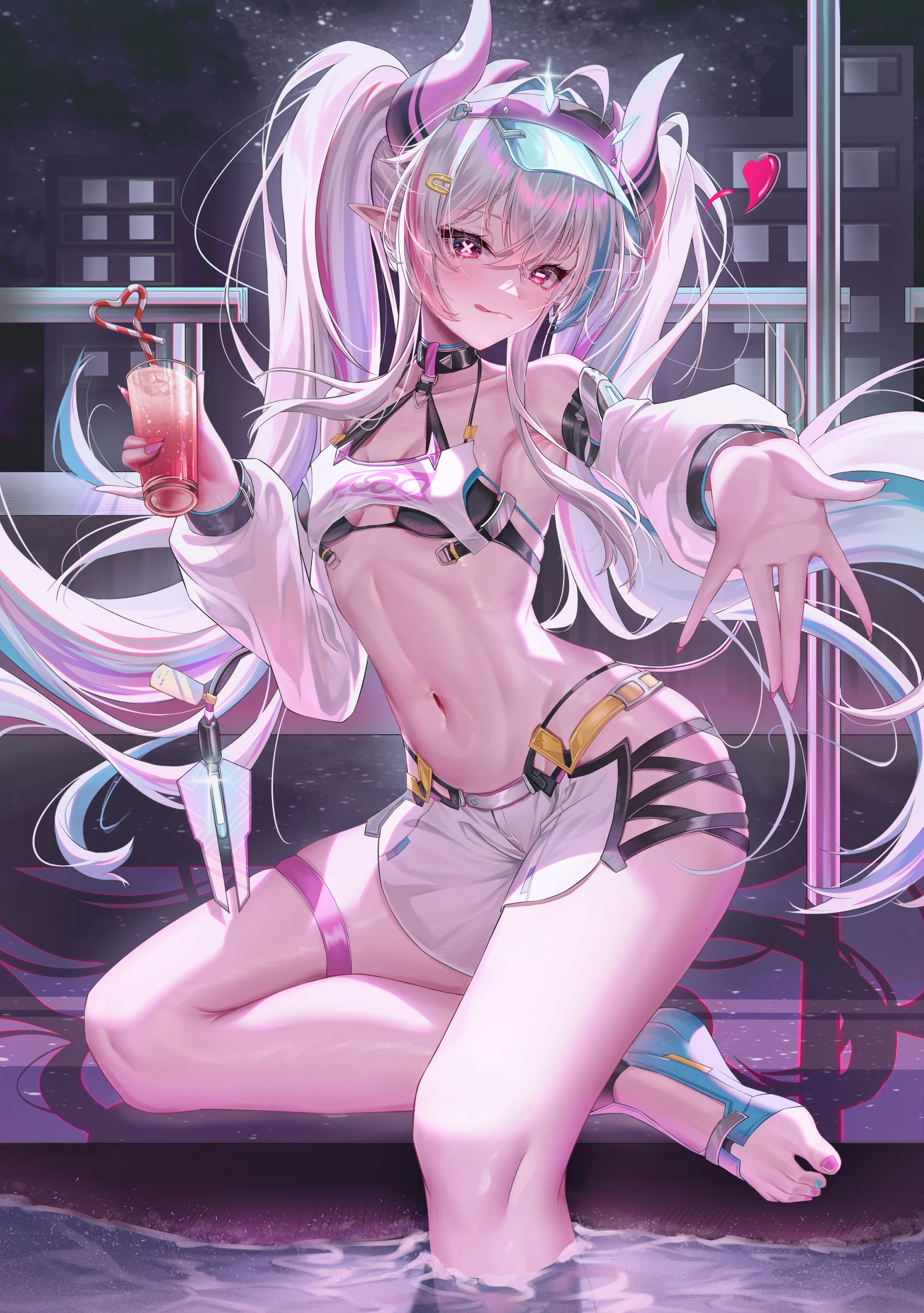 jetavie: daybreak (pgr), jetavie (pgr), punishing: gray raven, absurdres, chinese commentary, commentary request, highres, 1girl, armpits, bare shoulders, barefoot, belt, bikini, black bikini, black choker, blue nails, blue streaks, blue trim, blush, breasts, building, choker, closed mouth, collarbone, crazy straw, criss-cross straps, crossed bangs, cup, detached sleeves, drinking glass, drinking straw, feet, fingernails, floating hair, glint, hair between eyes, heart, heart straw, holding, holding cup, horizontal pupils, horns, juice, kordilia, layered bikini, legs, licking lips, long fingernails, long hair, long sleeves, looking at viewer, mechanical tail, medium breasts, mismatched pupils, multicolored hair, nail polish, navel, night, night sky, official alternate costume, open hand, outdoors, outstretched arm, pink eyes, pink horns, pink nails, pink streaks, pointy ears, pole, pool, poolside, railing, shorts, sitting, sky, soaking feet, solo, star (sky), starry sky, stomach, swimsuit, symbol-shaped pupils, tail, thigh strap, thighs, toenail polish, toenails, toes, tongue, tongue out, twintails, very long hair, visor cap, water, wet, white hair, white shorts, x-shaped pupils, yellow belt