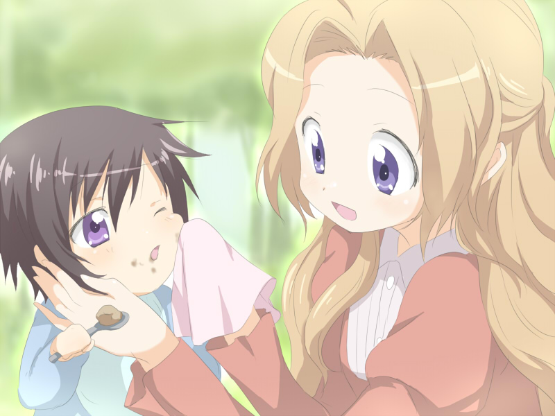 maruki (punchiki), lelouch vi britannia, nunnally vi britannia, code geass, bad id, bad pixiv id, 00s, aged down, baby, brother and sister, brown hair, eating, long hair, purple eyes, siblings, time paradox, wiping face