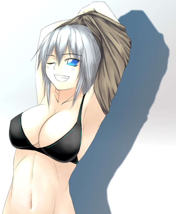 onibi (foxhound4185), kiryuu sayane, original, silver hair, bad id, bad pixiv id, 1girl, armpits, arms up, blue eyes, bra, breasts, cleavage, clothes lift, female focus, grin, large breasts, lingerie, looking at viewer, navel, one eye closed, shirt lift, smile, solo, underwear, undressing, wink