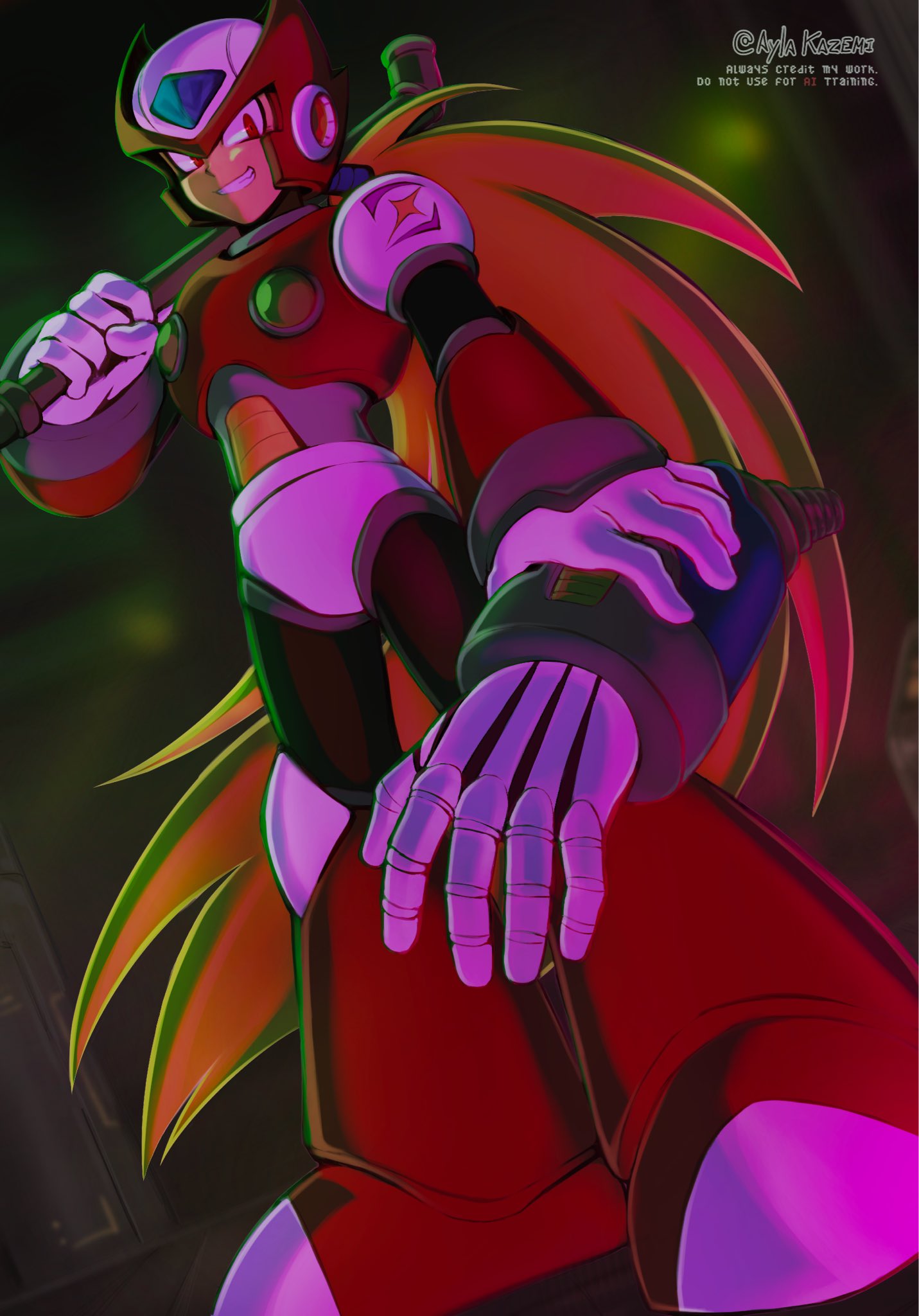 ayla kazemi, zero (mega man), mega man (series), mega man x4, mega man x (series), highres, 1boy, armor, blonde hair, blurry, blurry background, forehead jewel, full body, helmet, holding, holding lead pipe, lead pipe, long hair, male focus, red armor, red eyes, red helmet, smirk, solo, standing, twitter username