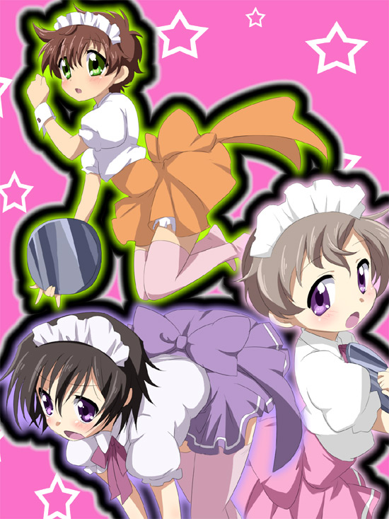 maruki (punchiki), kururugi suzaku, luluko, rolo lamperouge, roloko, suzako, code geass, bad id, bad pixiv id, 00s, 3girls, black hair, blush, brown hair, genderswap, genderswap (mtf), green eyes, multiple girls, purple eyes, short hair, thighhighs, waitress