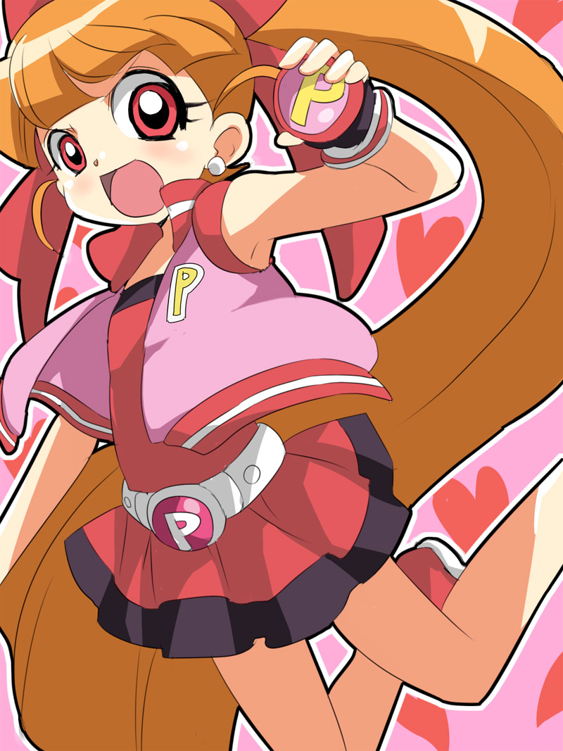 maruki (punchiki), akazutsumi momoko, hyper blossom, powerpuff girls, powerpuff girls z, bad id, bad pixiv id, 00s, 1girl, armpits, brown hair, child, female focus, hair ribbon, long hair, red eyes, ribbon, skirt, solo, very long hair