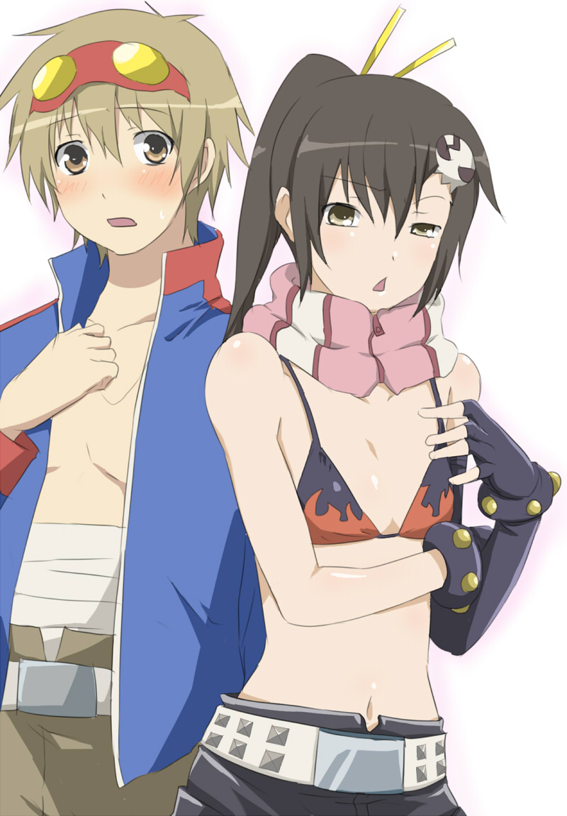 maruki (punchiki), fujioka (minami-ke), kakihara tetsuya, minami kana, simon (ttgl), yoko littner, minami-ke, tengen toppa gurren lagann, bad id, bad pixiv id, 1boy, 1girl, :<, bikini, bikini top only, cosplay, flat chest, scarf, simon (cosplay), striped clothes, striped scarf, swimsuit, triangle mouth, voice actor connection, yoko littner (cosplay)