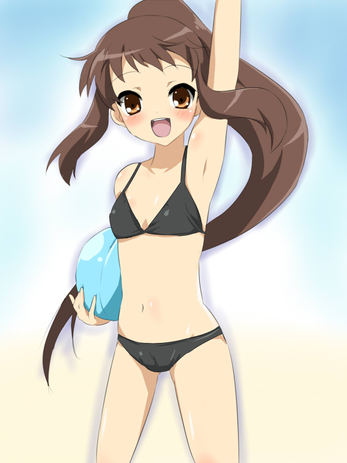 maruki (punchiki), kyonko, suzumiya haruhi no yuuutsu, bad id, bad pixiv id, gender request, 00s, 1girl, armpits, ball, beachball, bikini, black bikini, blush, brown eyes, brown hair, female focus, flat chest, genderswap, long hair, ponytail, solo, swimsuit, waving
