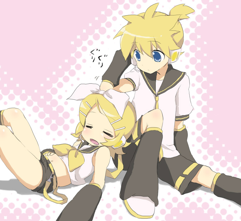 maruki (punchiki), kagamine len, kagamine rin, vocaloid, bad id, bad pixiv id, 1boy, 1girl, blonde hair, blue eyes, brother and sister, detached sleeves, hair ornament, hairclip, lying, midriff, on back, short hair, shorts, siblings, sitting, sleeping, twins
