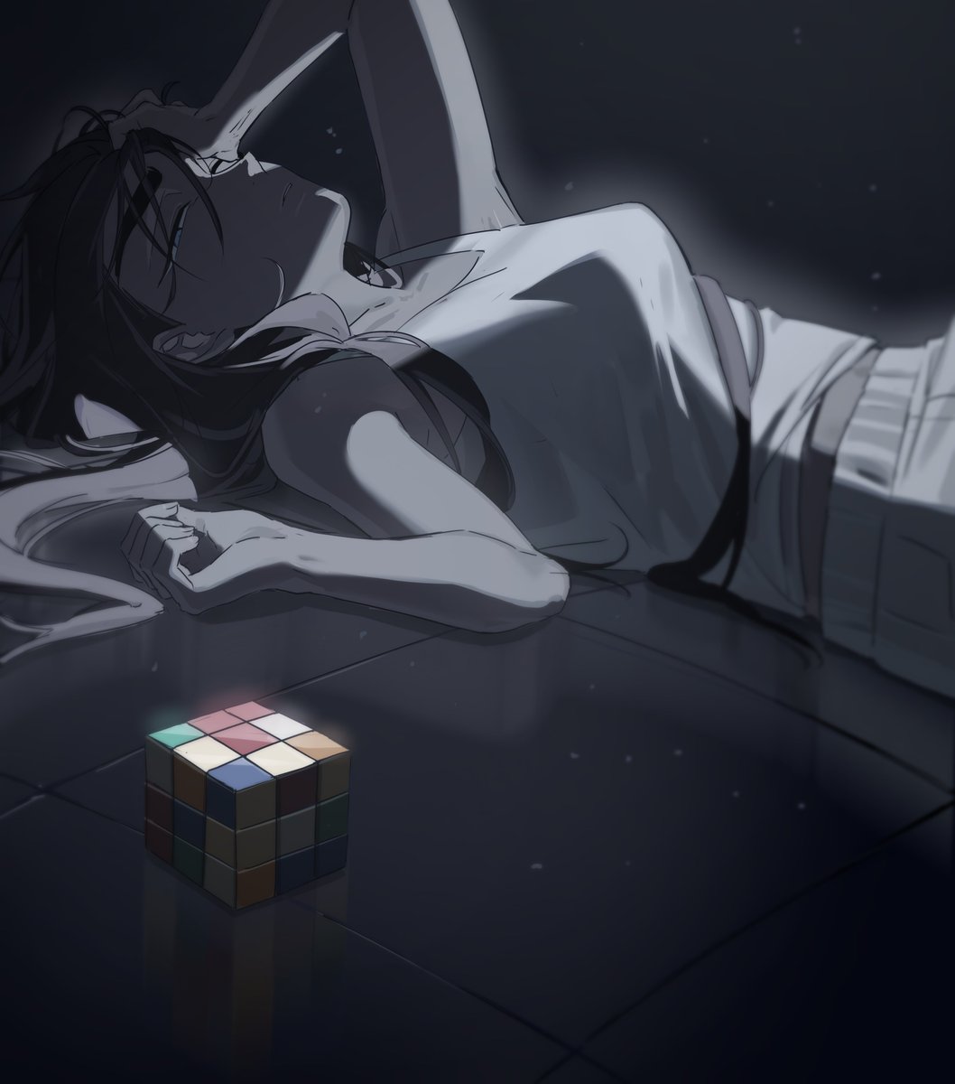 hyuna (alien stage), alien stage, commentary, english commentary, highres, 1girl, breasts, brown hair, grey eyes, hand on own head, kuradrawings, long hair, lying, on back, on ground, pants, rubik's cube, solo, tank top, tile floor, tiles, white pants, white tank top