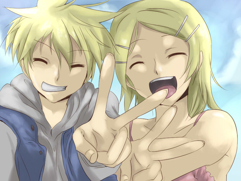maruki (punchiki), kagamine len, kagamine rin, vocaloid, bad id, bad pixiv id, 1boy, 1girl, blonde hair, brother and sister, closed eyes, hair ornament, hairclip, happy, short hair, siblings, smile, twins, v
