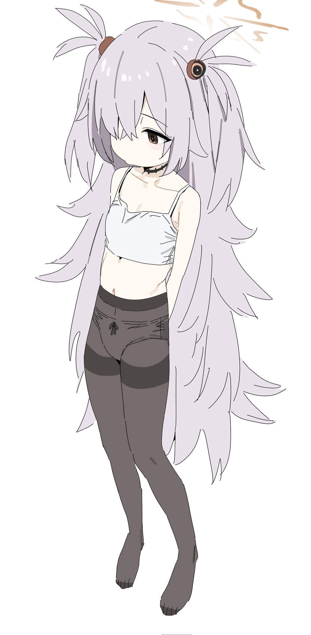 mangpum (taro109210), kanoe (blue archive), blue archive, hashtag-only commentary, highres, 1girl, brown halo, full body, hair over one eye, halo, navel, orange halo, panties visible through clothes, pantyhose, simple background, solo, underwear, white background