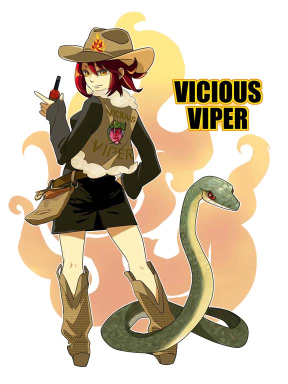 regain, original, 1girl, animal, boots, cowboy boots, cowboy hat, cowboy western, female focus, full body, hat, hot sauce, pouch, red hair, short hair, skirt, snake, solo, standing, vest, yellow eyes
