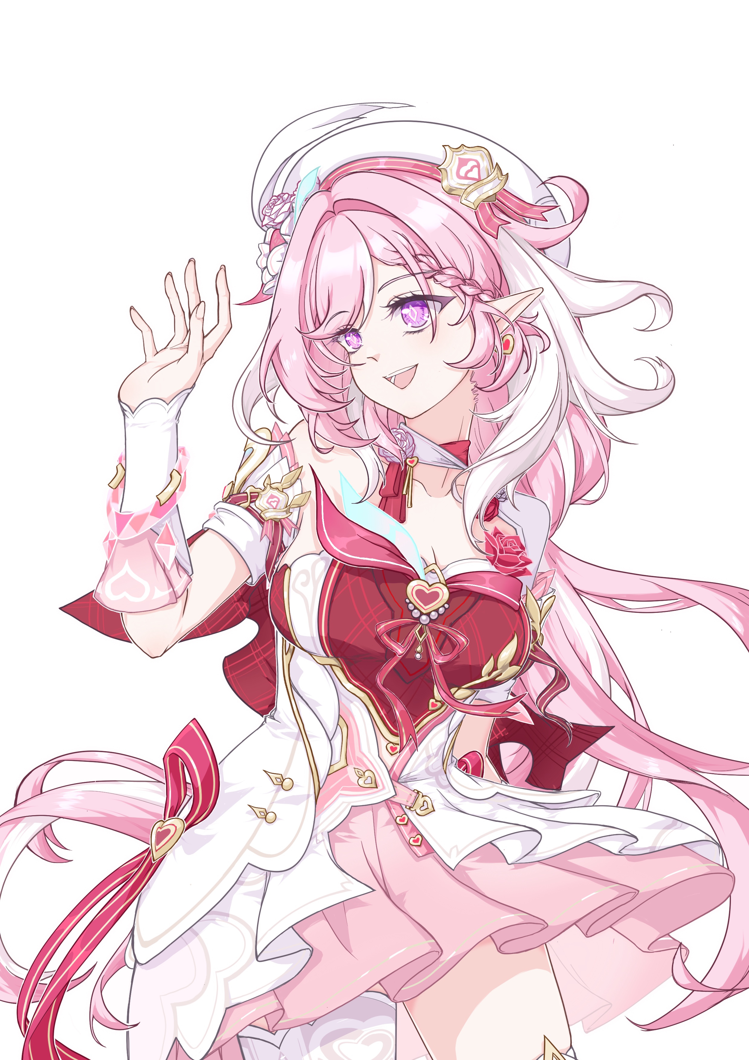 ccii00, elysia (hi love elf) (honkai impact), elysia (honkai impact), honkai (series), honkai impact 3rd, absurdres, chinese commentary, commentary request, highres, 1girl, beret, breasts, cleavage, diamond-shaped pupils, diamond (shape), dress, earrings, elf, hat, heart, heart earrings, jewelry, large breasts, long hair, multicolored dress, multicolored hair, pantyhose, pink dress, pink hair, pointy ears, purple eyes, red dress, simple background, single leg pantyhose, smile, solo, symbol-shaped pupils, thighs, two-tone hair, very long hair, white background, white dress, white hair, white pantyhose