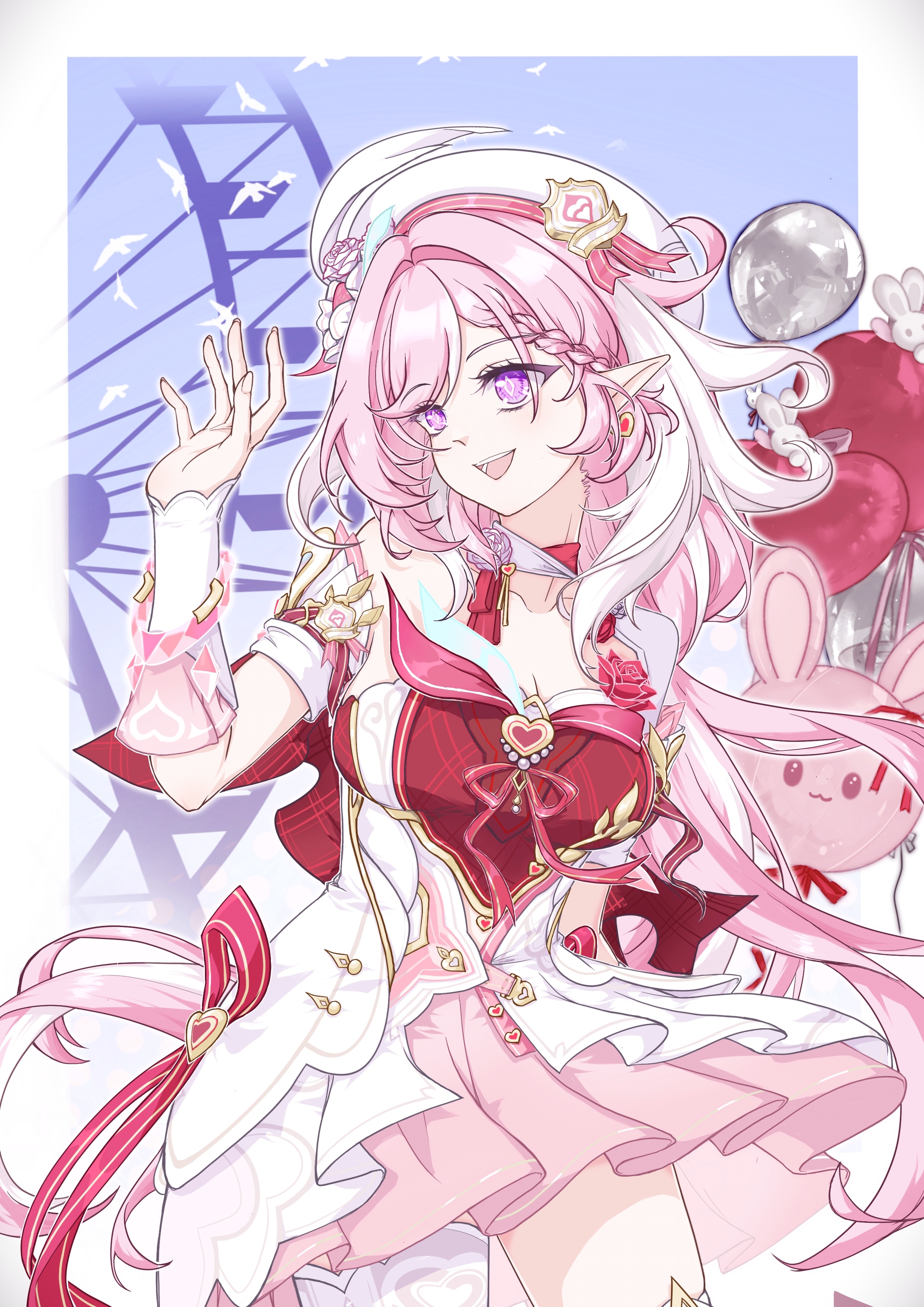 ccii00, elysia (hi love elf) (honkai impact), elysia (honkai impact), honkai (series), honkai impact 3rd, absurdres, chinese commentary, commentary request, highres, 1girl, animal balloon, balloon, beret, bird, blue sky, border, breasts, cleavage, diamond-shaped pupils, diamond (shape), dove, dress, earrings, elf, ferris wheel, hat, heart, heart balloon, heart earrings, jewelry, large breasts, long hair, multicolored dress, multicolored hair, pantyhose, pink dress, pink hair, pointy ears, purple eyes, red dress, single leg pantyhose, sky, smile, solo, symbol-shaped pupils, thighs, too many, too many birds, two-tone hair, very long hair, white border, white dress, white hair, white pantyhose