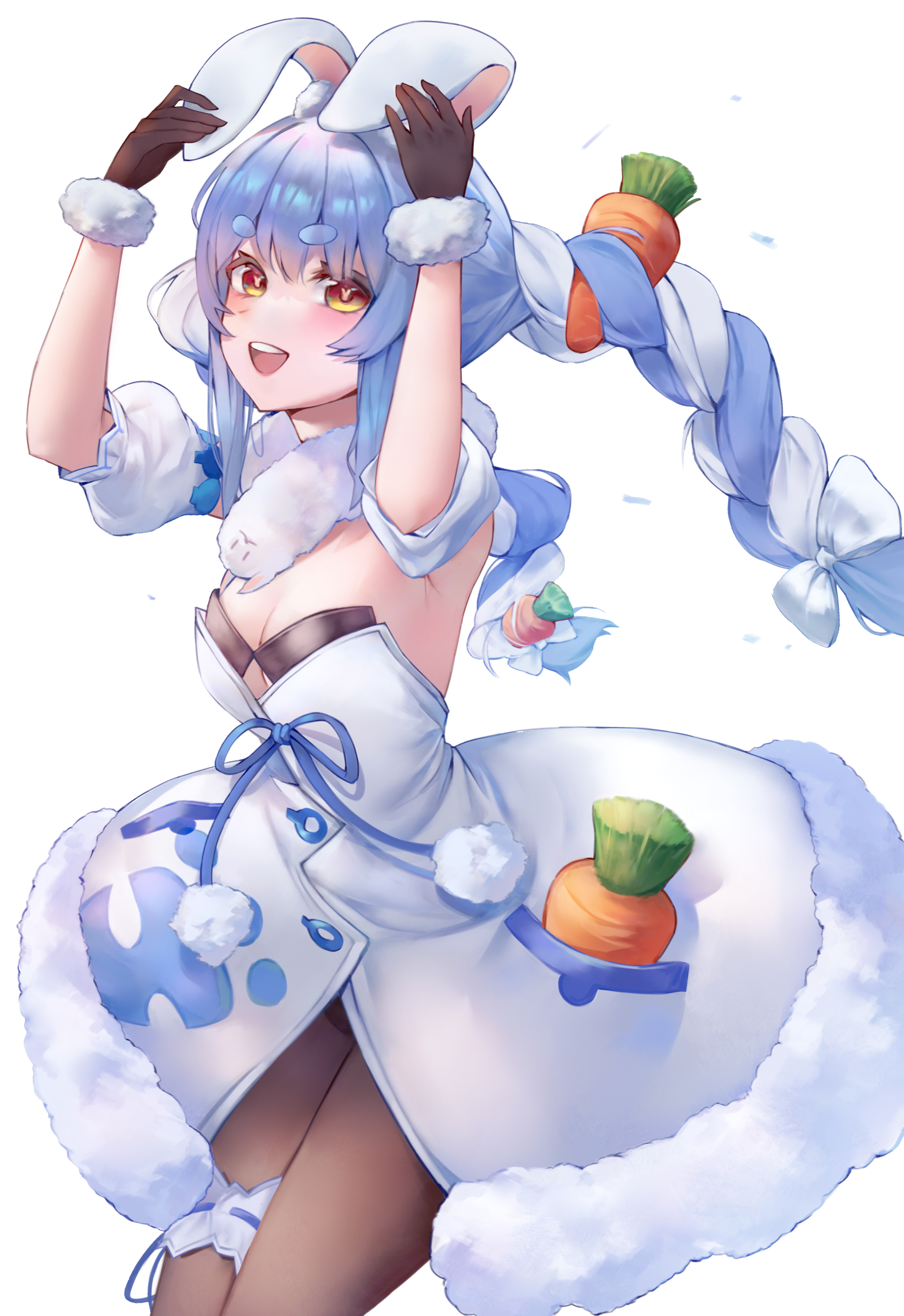 ushio (user ndwp8857), don-chan (usada pekora), usada pekora, usada pekora (1st costume), hololive, absurdres, commentary request, highres, 1girl, animal ears, aqua hair, armpits, arms up, black gloves, black leotard, black pantyhose, blush, braid, breasts, carrot hair ornament, cleavage, clothing cutout, coat, coat dress, creature, detached sleeves, dress, food-themed hair ornament, frilled thigh strap, fur-trimmed dress, fur-trimmed gloves, fur trim, gloves, hair ornament, leotard, long hair, looking at viewer, low-tied long hair, medium breasts, multicolored hair, open mouth, orange eyes, pantyhose, playboy bunny, puffy short sleeves, puffy sleeves, rabbit ears, rabbit girl, short sleeves, simple background, smile, strapless, strapless leotard, thigh strap, twin braids, twintails, underboob cutout, very long hair, virtual youtuber, white background, white coat, white hair, white sleeves