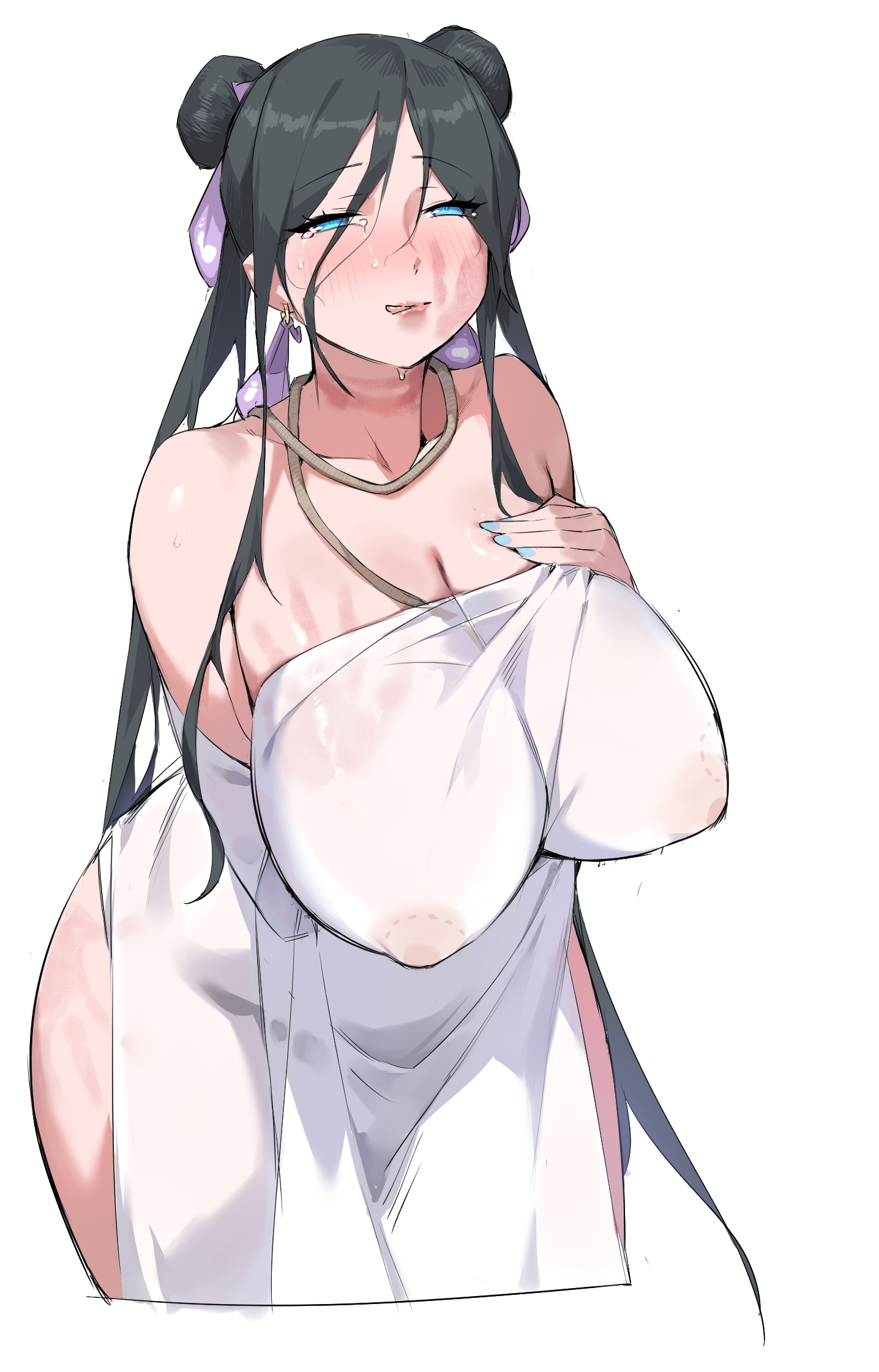 dawalixi, original, highres, 1girl, :q, arm under breasts, black hair, blue eyes, blue nails, blush, bow, breasts, cleavage, closed mouth, covered erect nipples, double bun, earrings, hair bow, hair bun, huge breasts, jewelry, leaning forward, long hair, looking at viewer, loose clothes, nail polish, puffy nipples, see-through clothes, shiny skin, simple background, smile, solo, tongue, tongue out, very long hair, white background