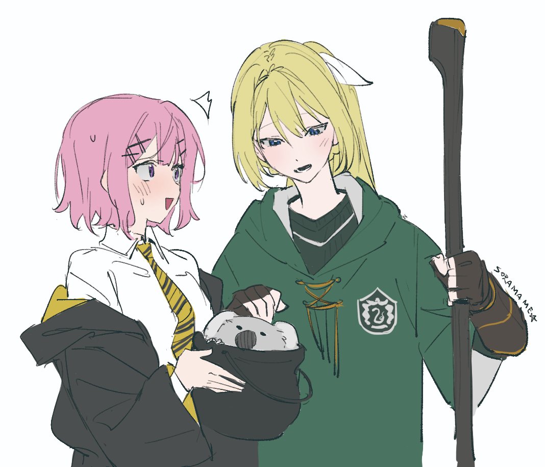 soramame (corndog), amaori renako, ouzuka mai, watashi ga koibito ni nareru wake naijan murimuri!, wizarding world, 2girls, ^^^, artist name, blonde hair, blush, broom, hair ornament, holding, holding broom, koala, multiple girls, nape braid, pink hair, ponytail, simple background, sweatdrop, x hair ornament