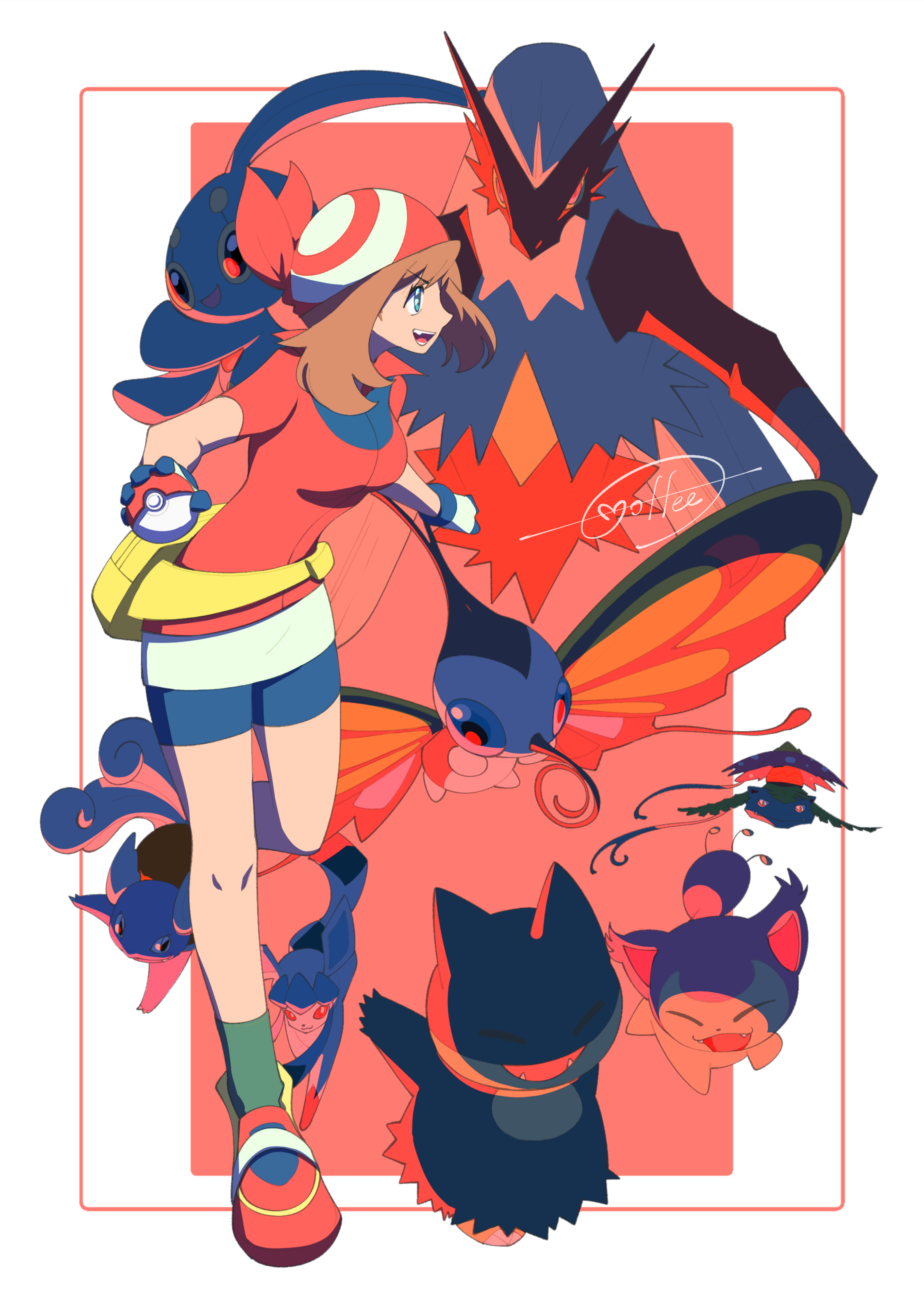 cccacademia, beautifly, blaziken, glaceon, manaphy, may (pokemon), munchlax, skitty, venusaur, wartortle, nintendo, pokemon, pokemon (anime), pokemon rse (anime), absurdres, highres, 1girl, :d, bike shorts, black shorts, black socks, blue eyes, brown hair, fanny pack, gen 1 pokemon, gen 3 pokemon, gen 4 pokemon, gloves, holding, holding poke ball, leg up, legendary pokemon, mythical pokemon, open mouth, poke ball, poke ball (basic), pokemon (creature), red shirt, red shoes, shirt, shoes, short hair, short sleeves, shorts, signature, smile, socks, standing, standing on one leg