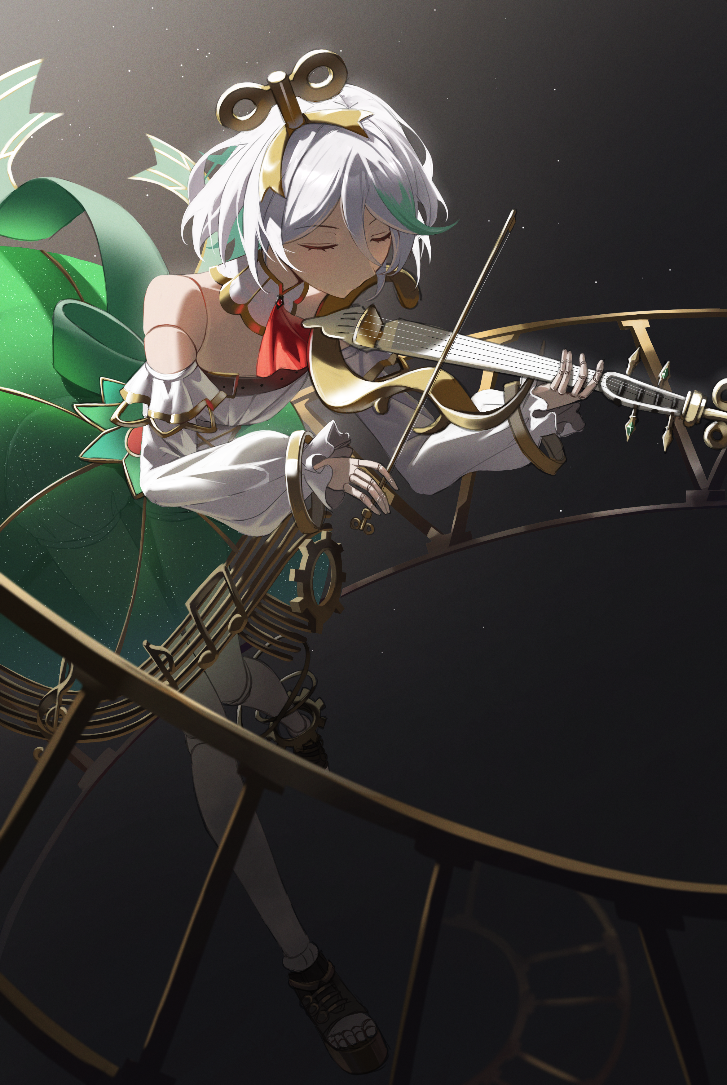 yubbiidraw, cecilia immergreen, cecilia immergreen (1st costume), hololive, hololive english, absurdres, commentary, highres, 1girl, ascot, back bow, boots, bow, bow (music), closed eyes, colored inner hair, corset, detached collar, detached sleeves, doll, doll joints, double-parted bangs, gears, gold trim, green corset, green hair, green skirt, grey hair, hair between eyes, hair ornament, holding, holding bow (music), instrument, joints, large bow, long sleeves, multicolored hair, music, open-toe boots, playing instrument, puffy long sleeves, puffy sleeves, red ascot, romper, see-through clothes, see-through skirt, short hair, skirt, solo, strapless romper, streaked hair, underbust, violin, virtual youtuber, white romper, white sleeves, winding key