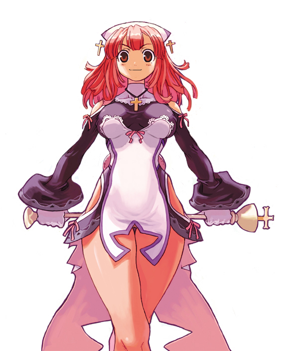 ryoji (nomura ryouji), prier, la pucelle, nippon ichi, 1girl, breasts, conductor baton, cross, female focus, gloves, hip focus, large breasts, long hair, pantyhose, pink hair, red eyes, red hair, short hair, simple background, smile, solo, staff, thighs, white background, wide hips