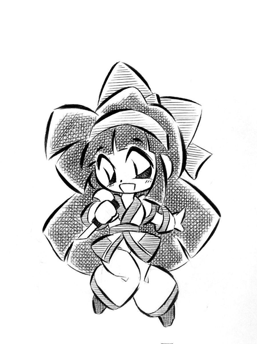 nakoruru, samurai spirits, snk, the king of fighters, highres, traditional media, 1990s (style), 1girl, ainu clothes, black hair, breasts, chibi, fingerless gloves, gloves, hair ribbon, legs, long hair, looking at viewer, monochrome, open mouth, pants, retro artstyle, ribbon, sketch, small breasts, smile, solo, thighs, tongue, weapon